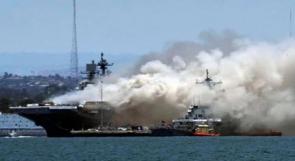 حريق في سفينة تابعة للبحرية الأمريكية في أثناء توجهها إلى قطاع غزة
