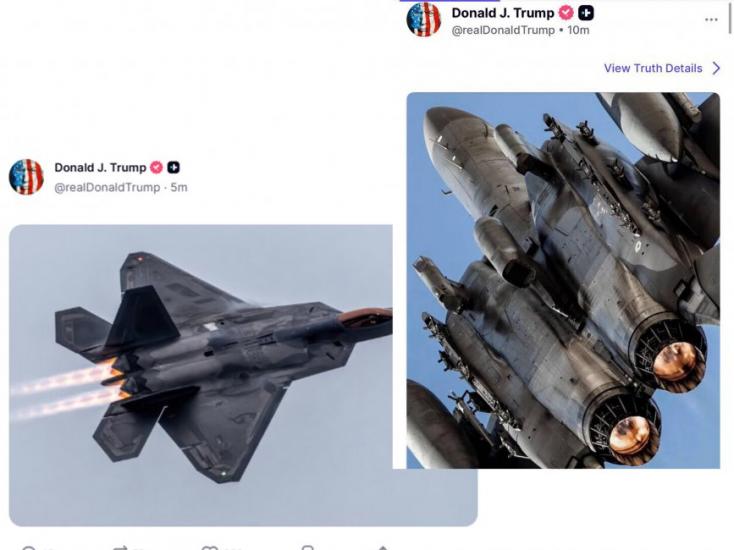 ترامب ينشر صورة لمقاتلة "إف-22 رابتور".. وإيران تحذر من تصعيد قد يهدد أمن الطاقة العالمي ترامب ينشر صورة لمقاتلة "إف-22 رابتور".. وإيران تحذر من تصعيد قد يهدد أمن الطاقة العالمي
