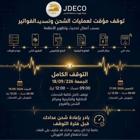 كهرباء القدس تعلن عن توقف مؤقت لعمليات شحن العدادات وتسديد الفواتير كهرباء القدس تعلن عن توقف مؤقت لعمليات شحن العدادات وتسديد الفواتير
